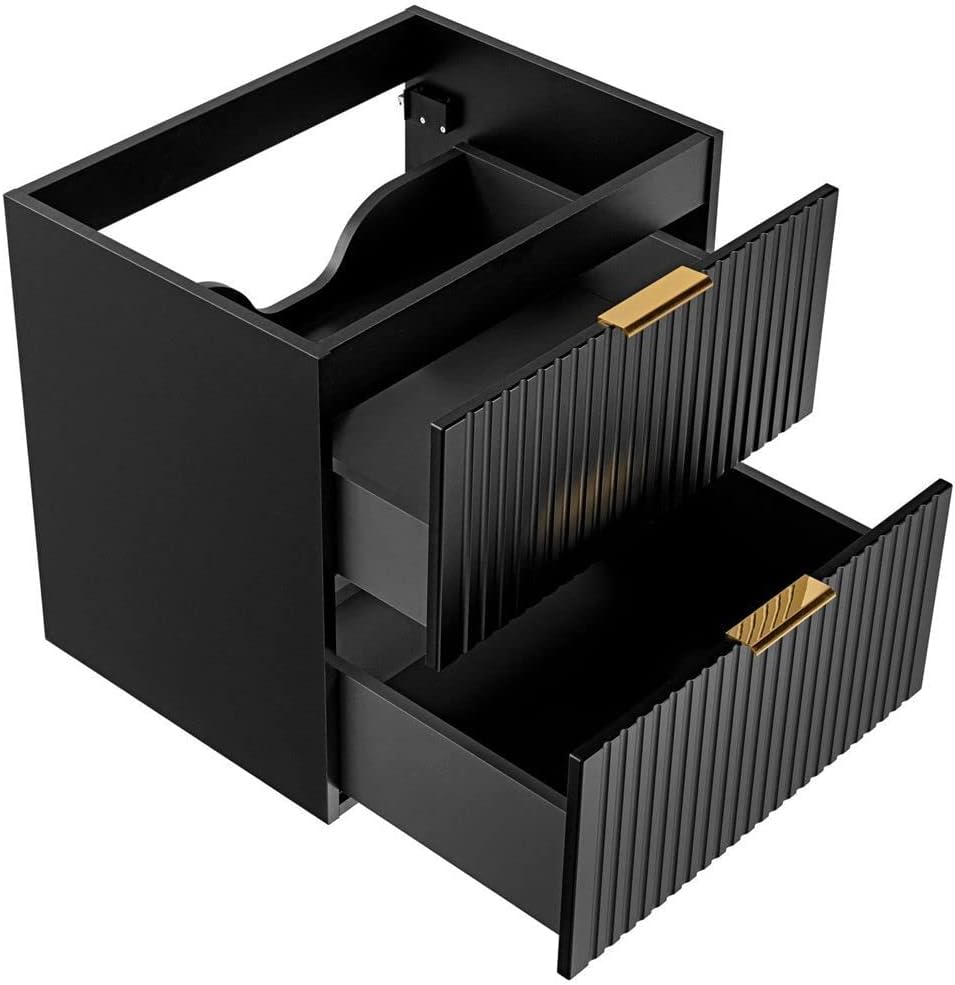 Lomadox Badezimmermöbel Waschtisch-Unterschrank 60cm matt schwarz mit Eiche Nb., gerilllte Front Waschbecken Badschrank mit 2 Softclose-Auszügen, B/H/T ca. 60,6/59,2/46,5 cm