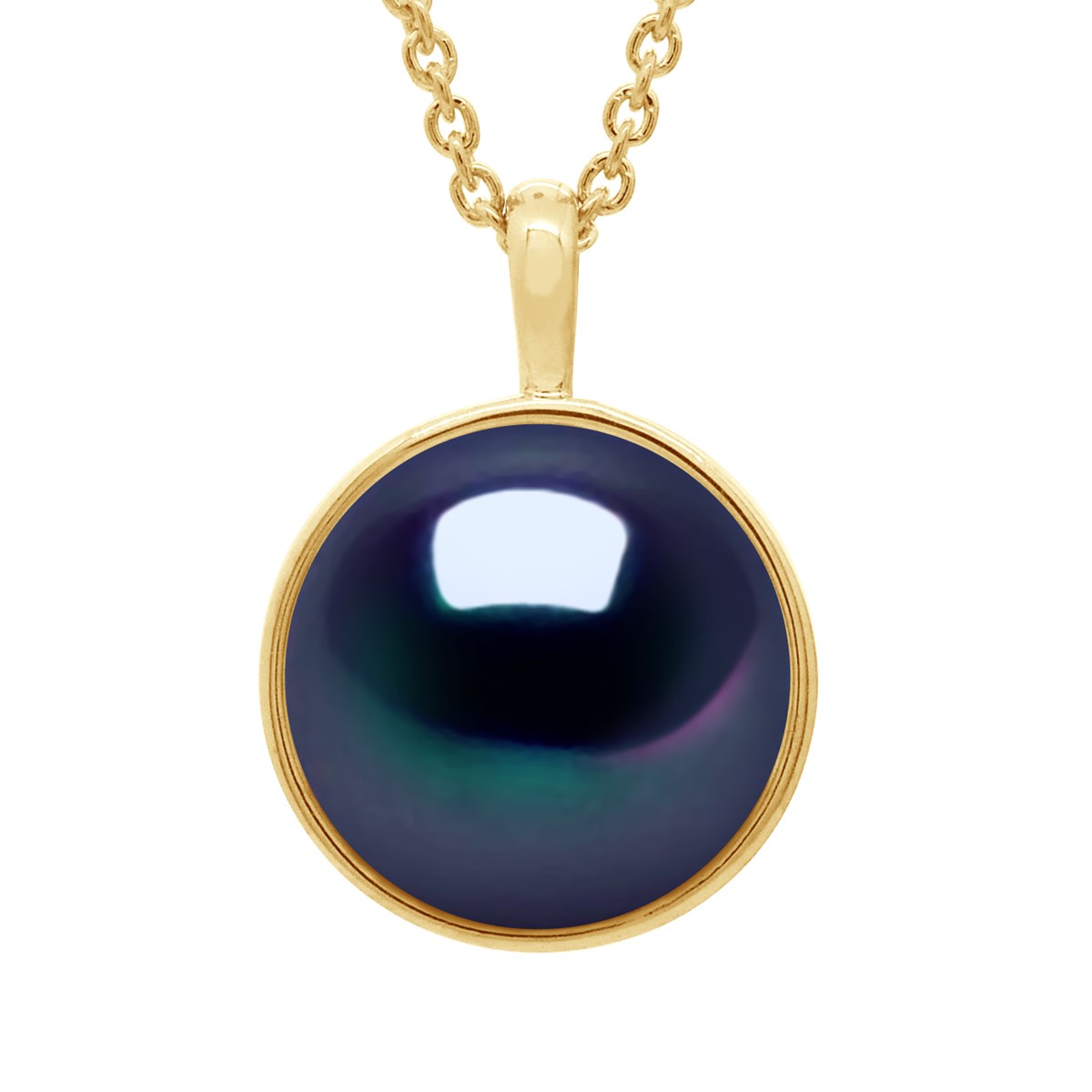 Collier Bélière Entourage Lisse - Véritable Perle de Culture d'Eau Douce Bouton 10-11 mm - Black Tahiti - Or Jaune