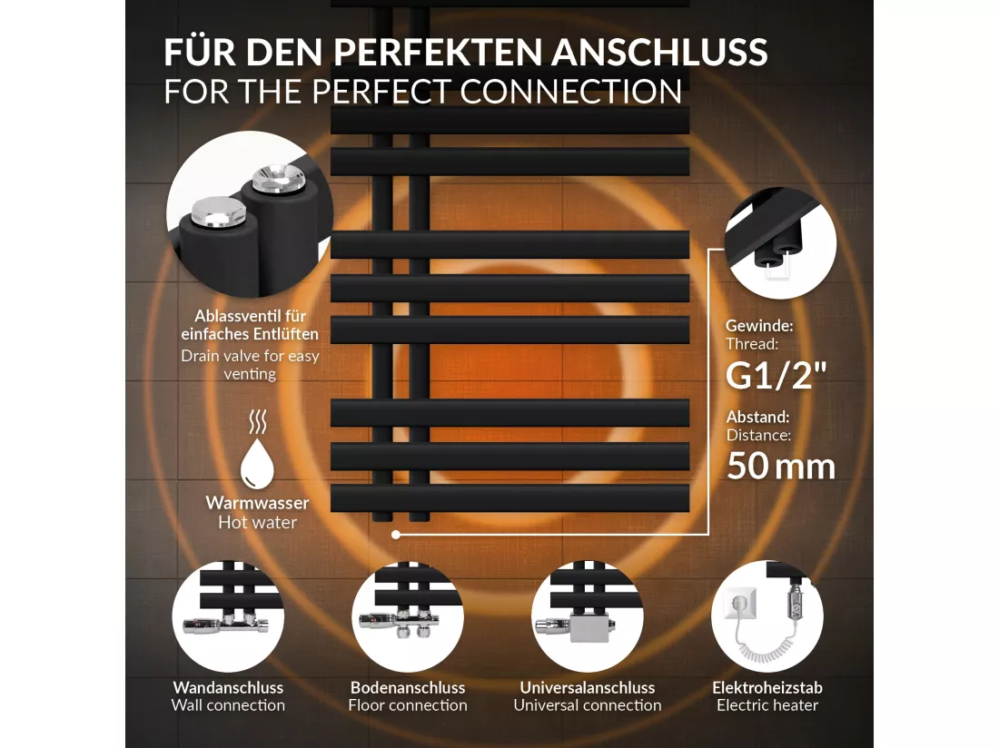 Radiateur sèche-serviettes de salle de bain noir 50x140 cm avec résistance 1200W