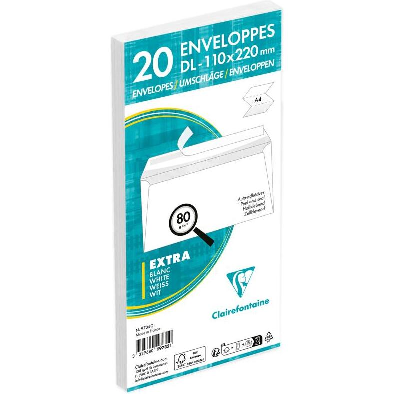 Paquet de 20 Enveloppes Blanches DL-110x220mm - Auto-Adhésives - 80g/m2 - Blanc