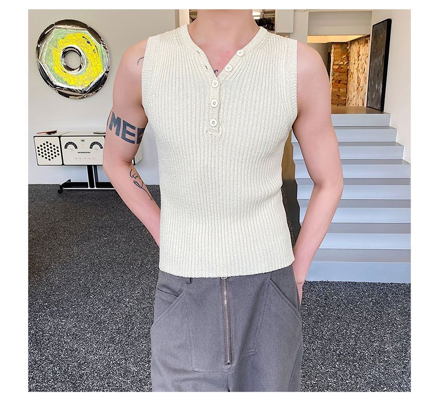 Freehop - V-hals Henley effen geribbeld gebreid tanktopje