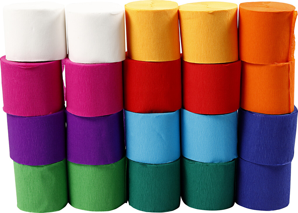 Crepepapir Ruller - L 20 M - B 5 CM - 22 G - Assorterede Farver - 20 Ruller