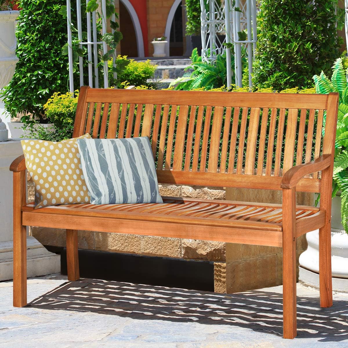 Balkonbank Holz, Holzbank wetterfest, Sitzbank für 2-3 Sitzer, Gartenbank aus Eukalyptus bis 320 kg belastbar, Parkbank für Terrasse, Balkon, Garten, 126 x 63 x 91 cm, Natur