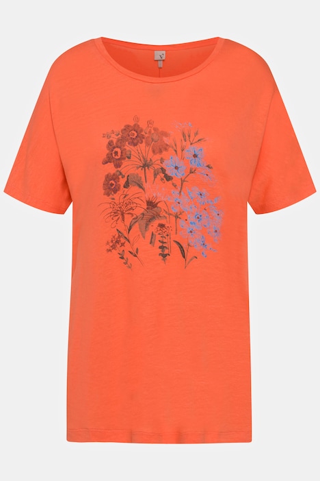 Shirt, Blüten, Oversized, Rundhals, Leinenmix