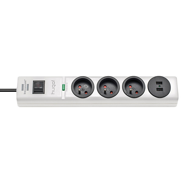 Prolongateur multiprise hugo! Brennenstuhl, parasurtenseur 19 500A, 3 prises courant, 2 prises USB, coloris blanc