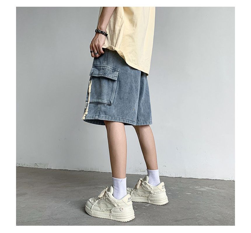 Femilina - Mid Rise Washed Denim Cargo Shorts