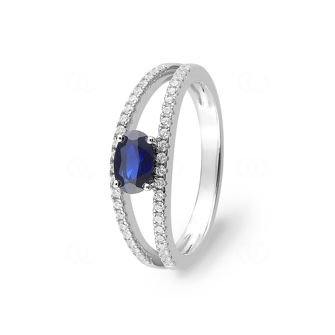 Damenring 750/18 K Weissgold mit Saphir oval & Diamanten 0.22ct.