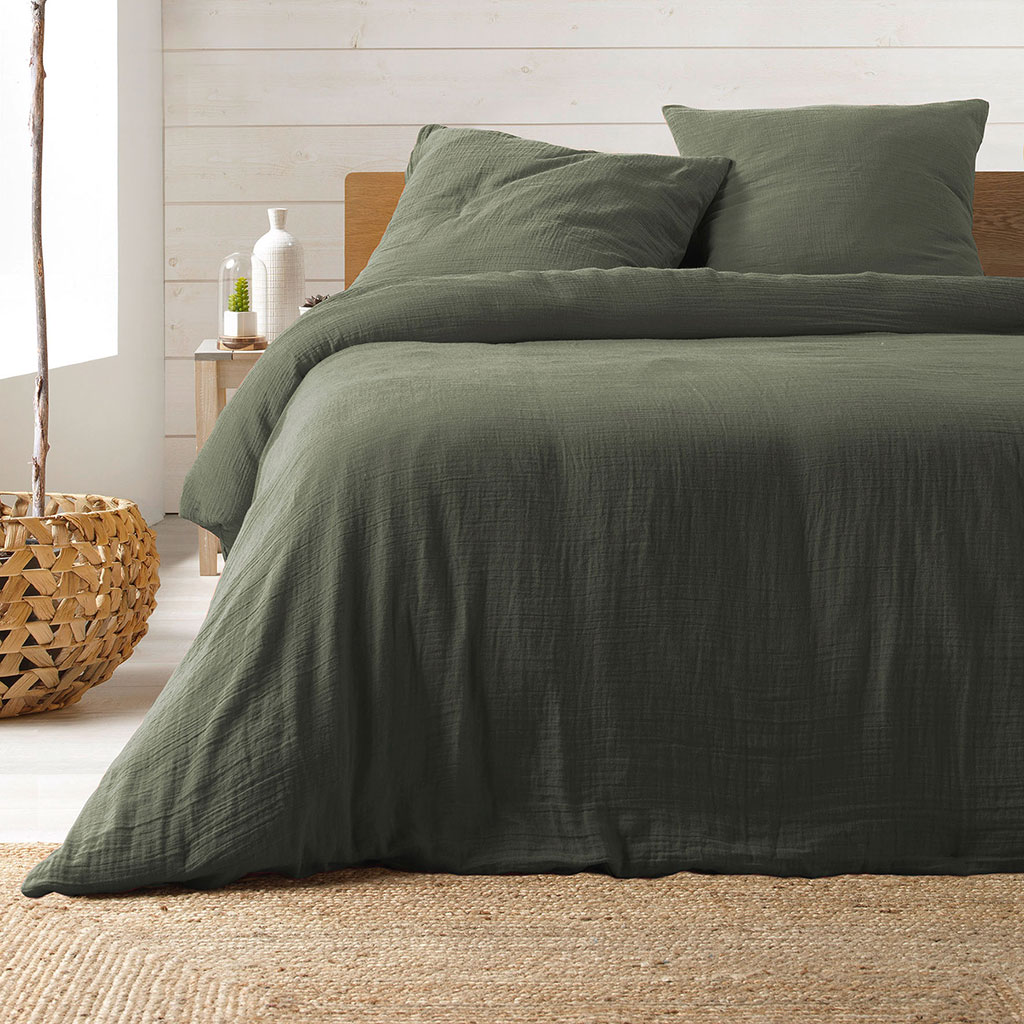 Parure housse de couette gaze de coton ANGELIA kaki 220x240cm