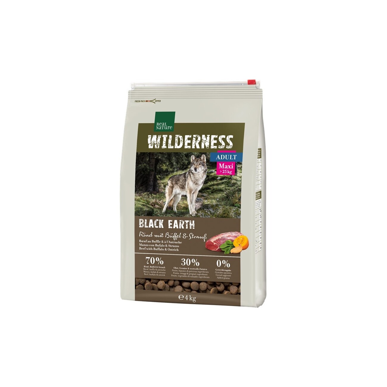 REAL NATURE WILDERNESS Trockenfutter Hund, Adult, Maxi, Black Earth Rind mit Strauß und Büffel 4 kg