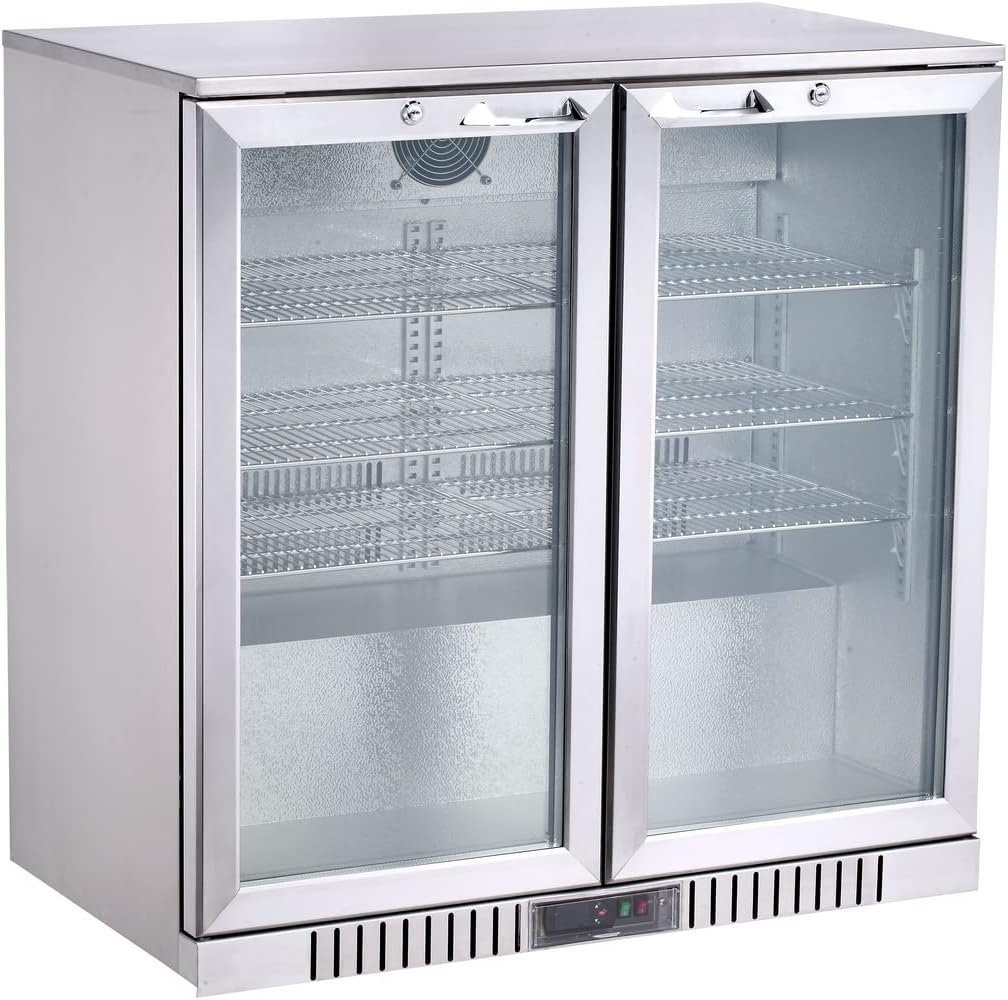 METRO Professional GBC3002S Glastür-Kühlschrank, Edelstahl/Aluminium/Hartglas, 6 verstellbare Einlegeböden, automatische Abtauung, 198 L, LED Beleuchtung, silber, EEK: D