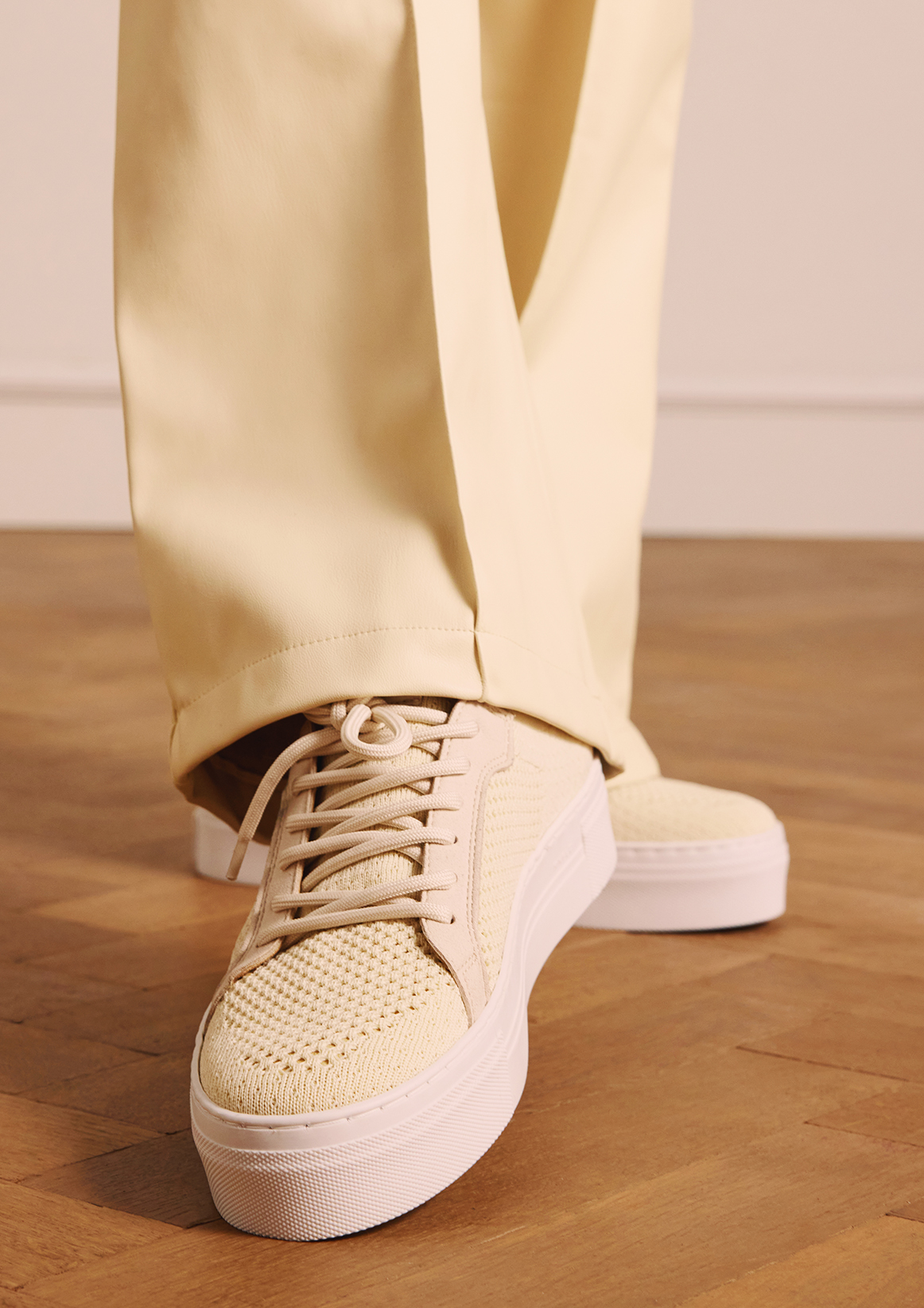 Beige knit fabric sneakers
