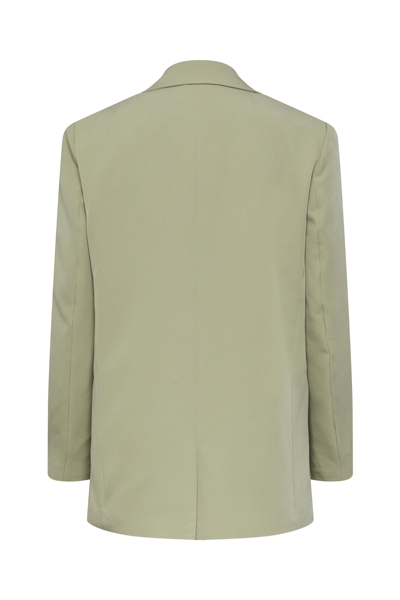 Blazer oversized com mangas compridas, bolsos falsos e lapela no decote.