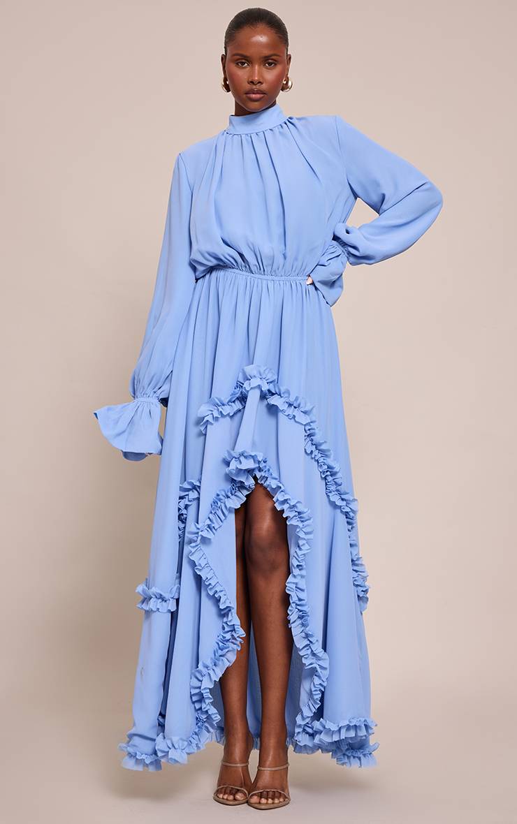 Bleu Robe Longue En Mousseline À Col Montant Avec Détails À Volants