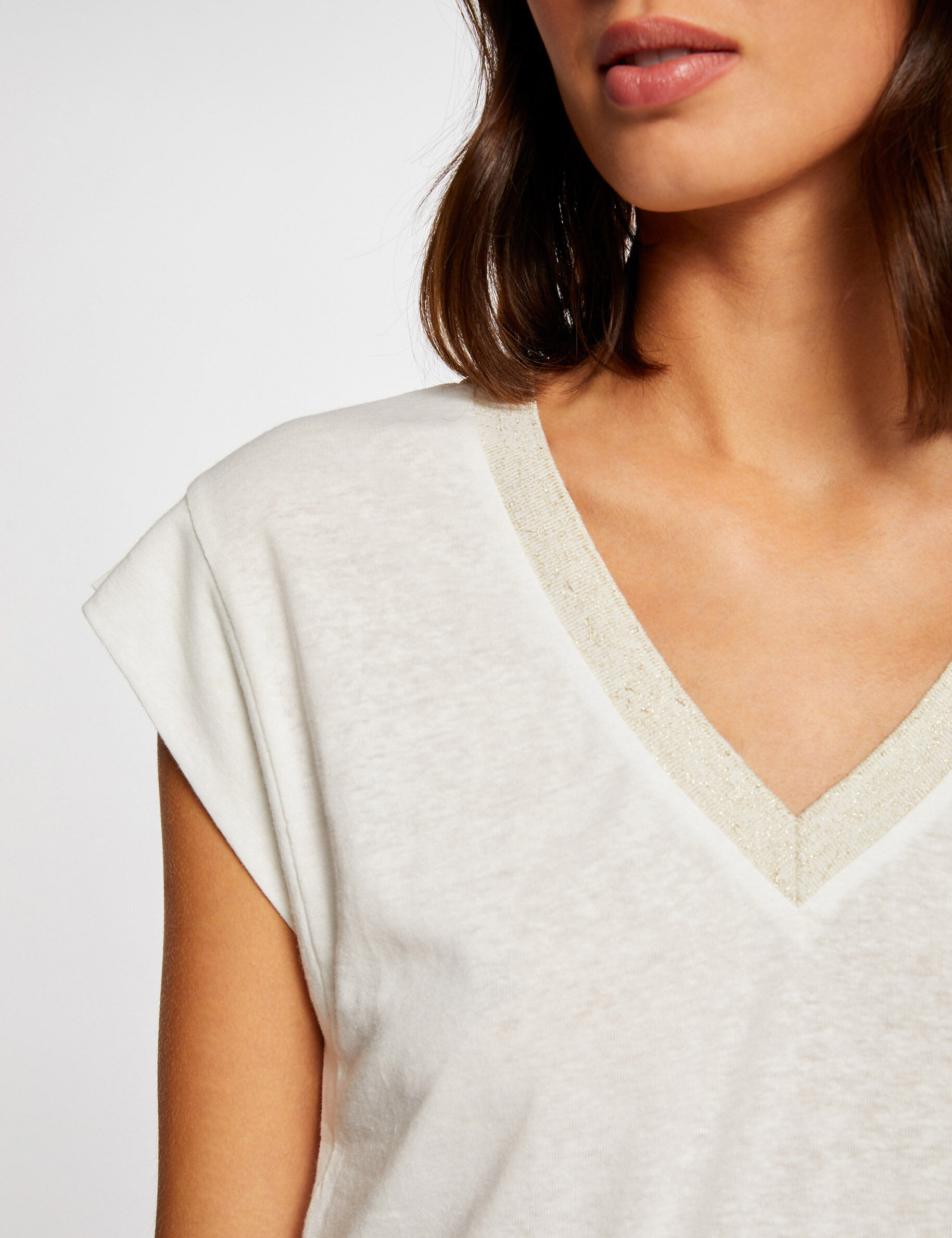 T-shirt manches courtes à col en V ecru femme - ecru