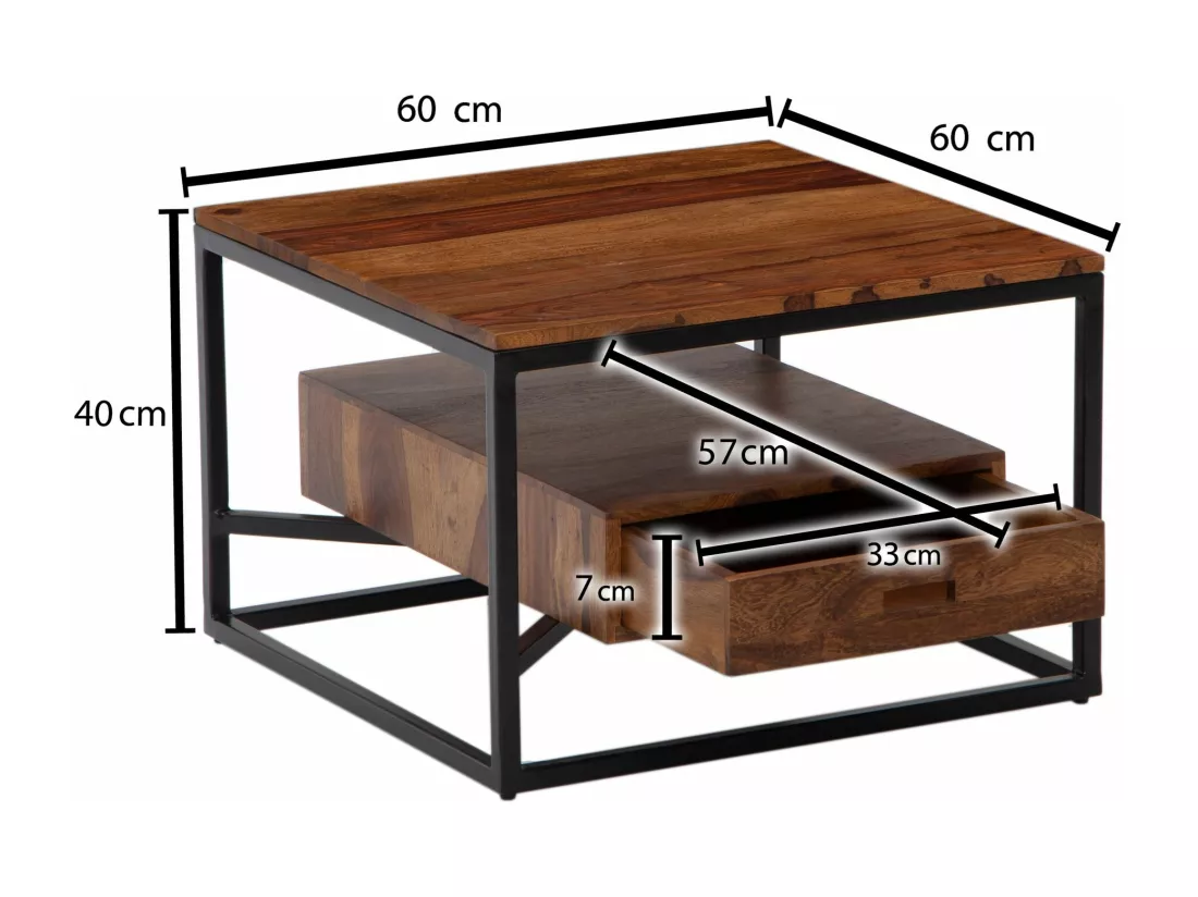 Table Basse De Salon En Bois De Sheesham Bois Massif Solide Et Métal 60X60X40 Cm Carré