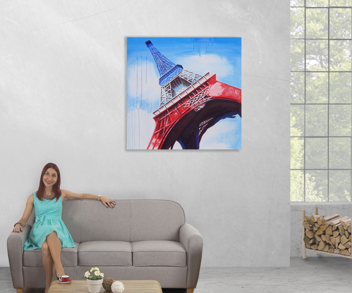 Wandbild Eiffelturm Tricolore, 100% handgemaltes Ölgemälde Gemälde XL, 100x100cm