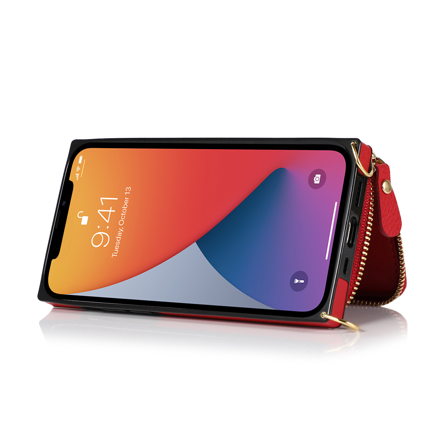 iPhone 13 Pro Necklace Leder Schutz Hülle mit Kartenfächer   Handykette (140cm) - Rot