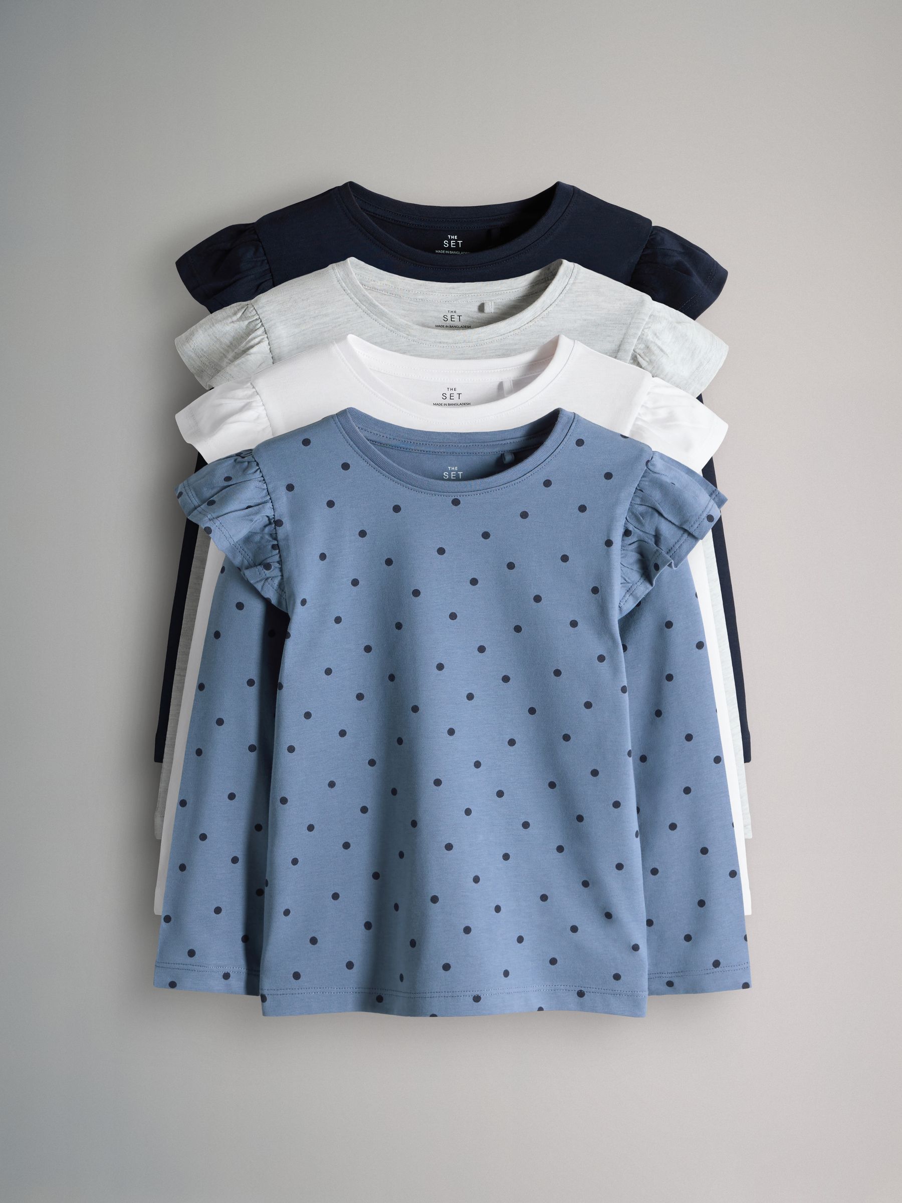 Navy/Grey Marl/White/Spot - The Set 4 Pack Long Sleeve Ruffle Cotton T-Shirts