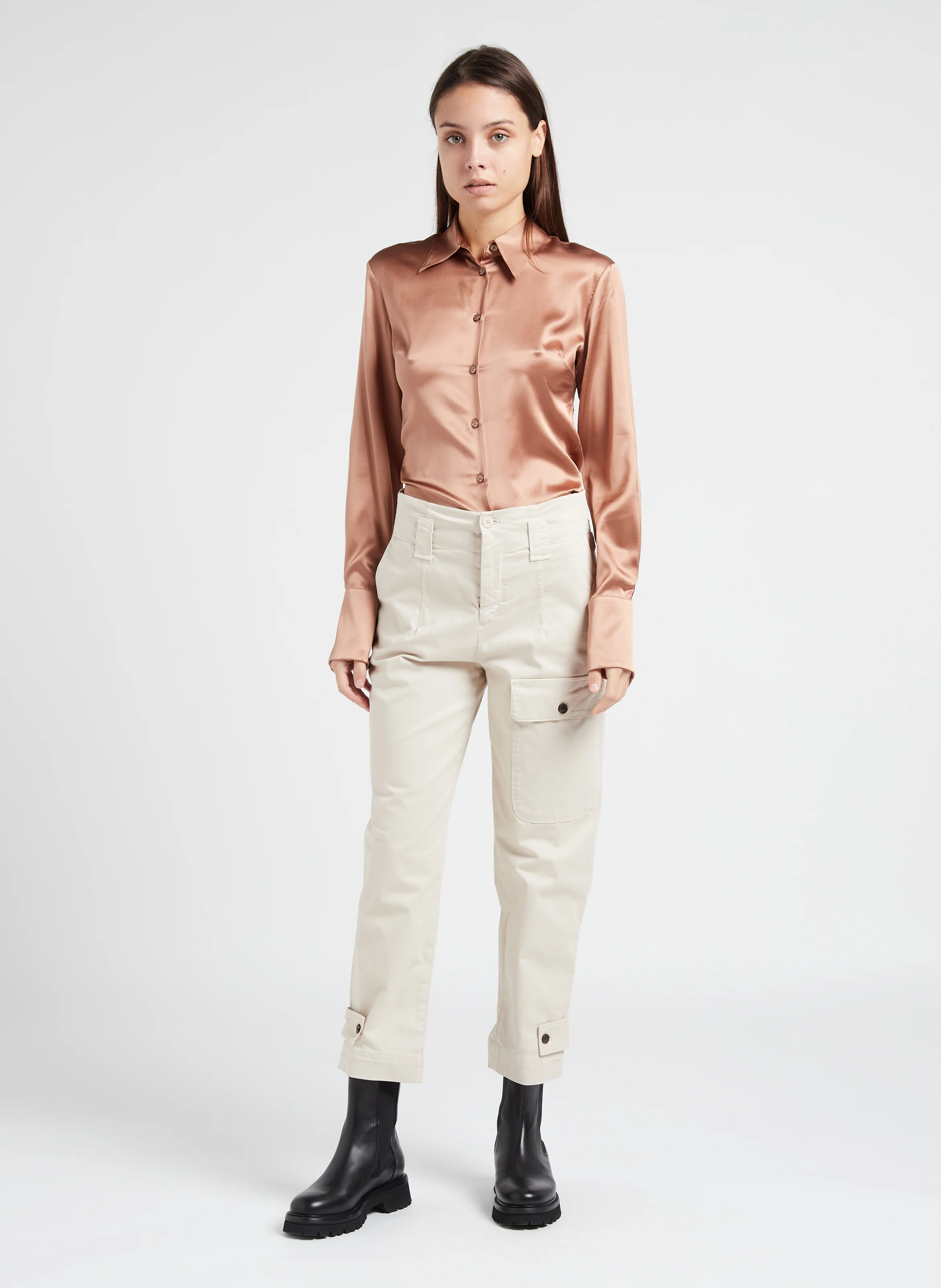 CRIMINALE - Chemise satinée en soie stretch| Marron