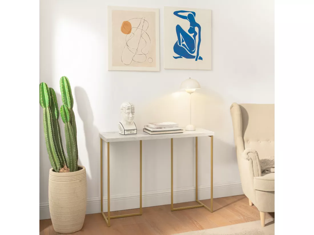 Table Console Table d'Appoint Bout de Canapé Table d’Entrée Effet Marbre Cadre en Fer, FSB58-G
