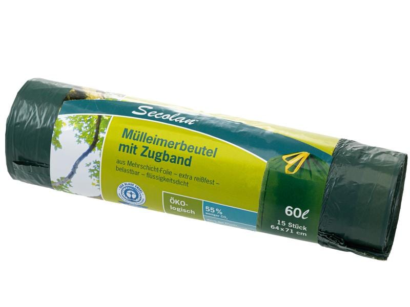 Haushaltsware Müllbeutel pRolle 60 l, 15 Stück, Grün Mülleimerbeutel 60 Liter mit Zugband, grün
