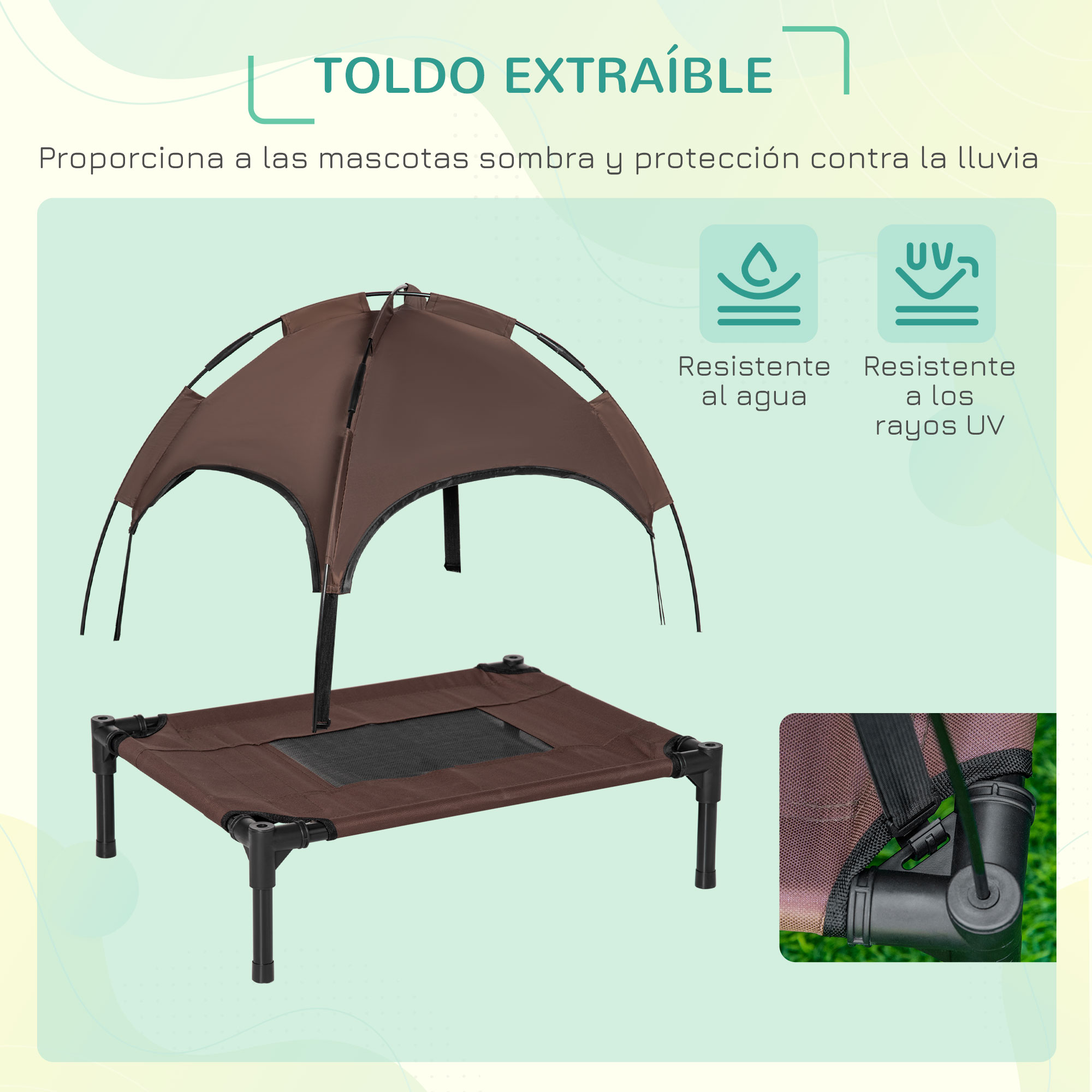 Cama portátil elevada para animais de estimação PawHut com cobertura removível, tecido respirável, para uso interno e externo, 61x46x62 cm, cor café.