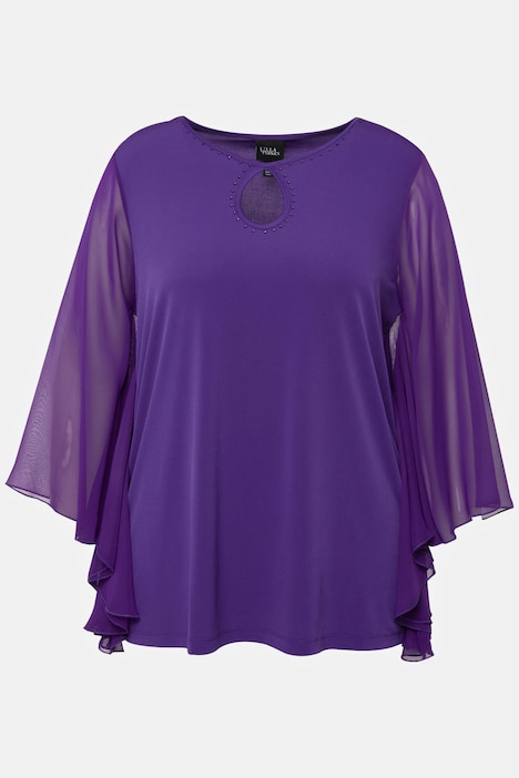 T-Shirt, Ziersteine, Rundhals, Chiffon-Flügelärmel