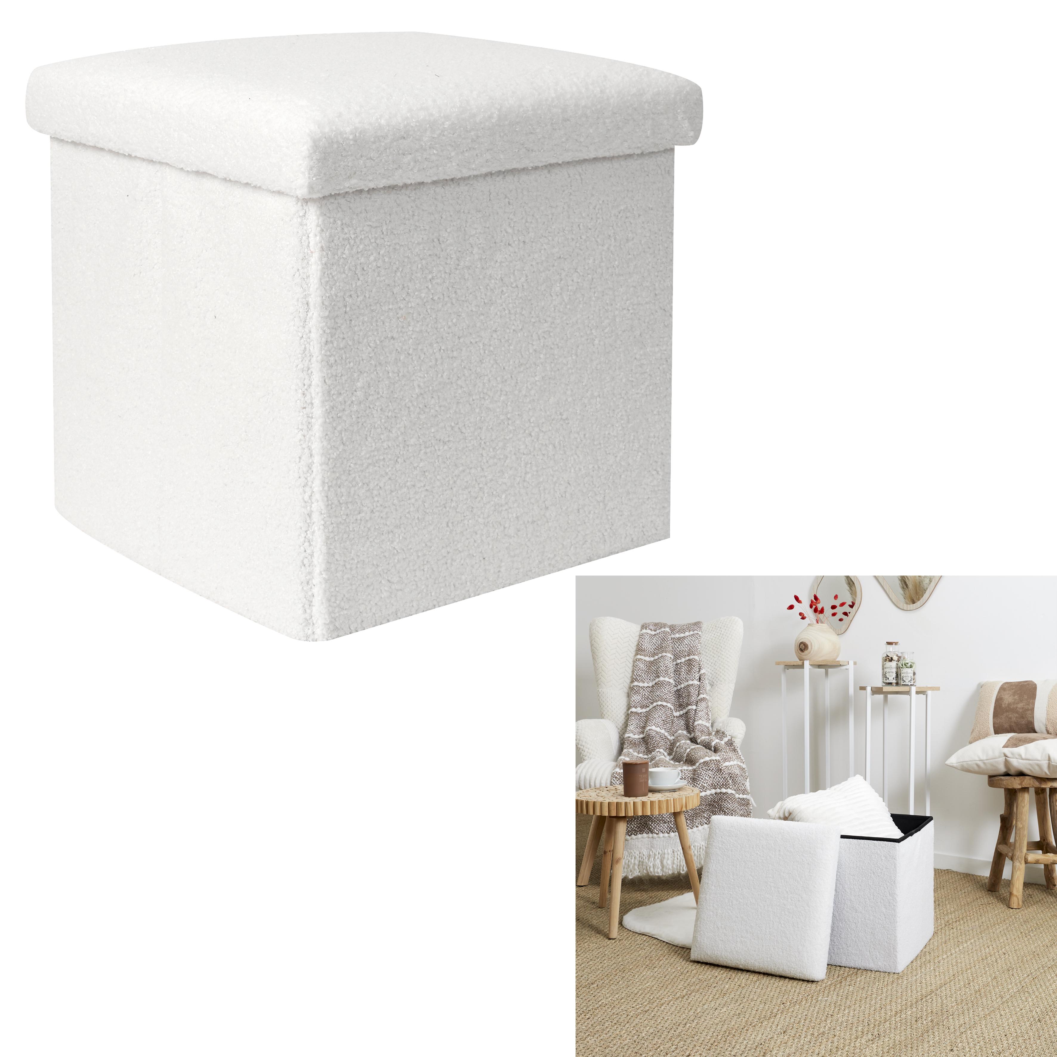 COFFRE POUF PLIABLE BOUCLETTE BLANC