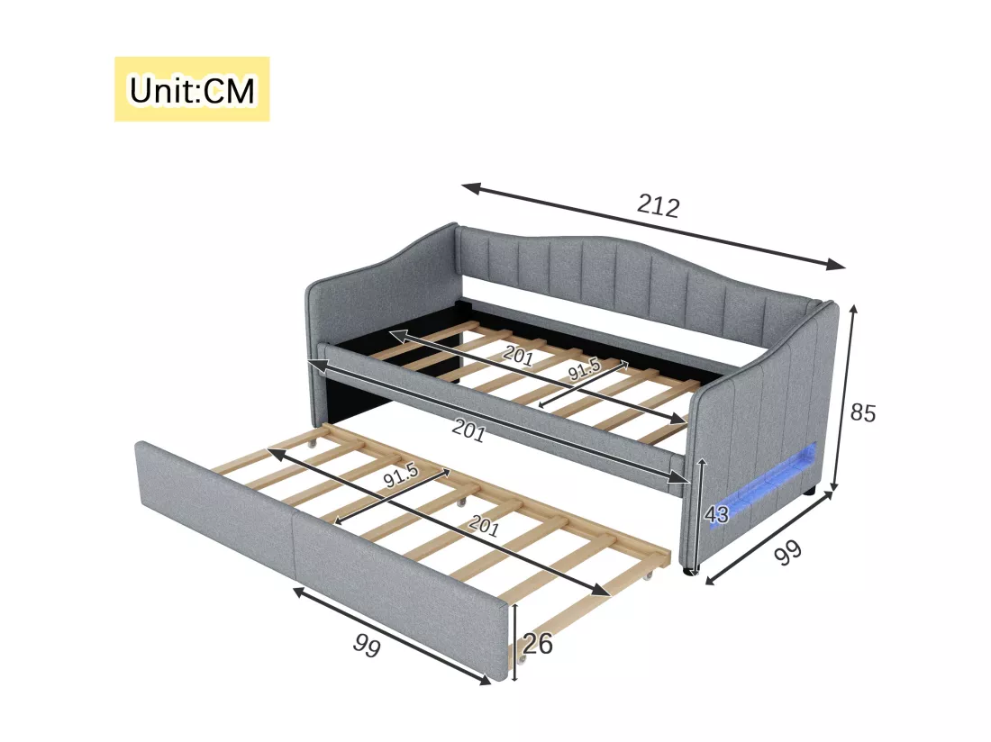 Lit gigogne 90/180 x 200 cm avec 2 tiroirs - tissu en lin - LEDs - gris (sans matelas)