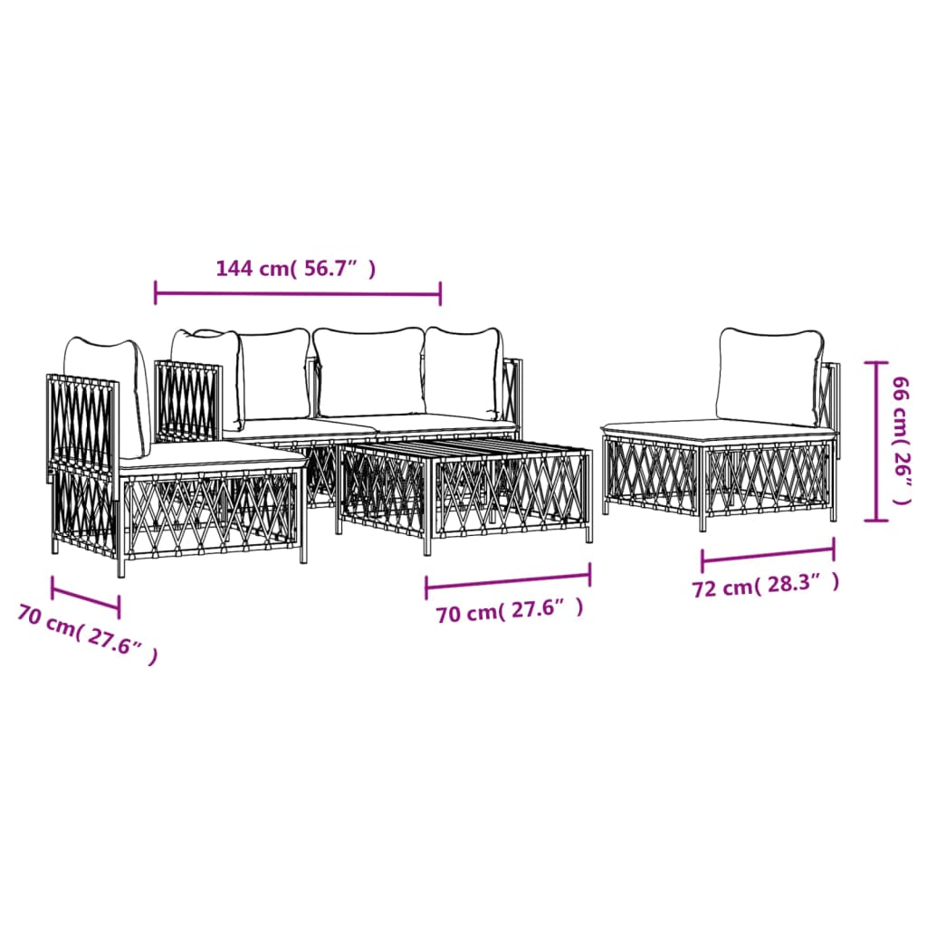 Salon de jardin meuble d'extérieur ensemble de mobilier avec coussins 5 pièces blanc acier
