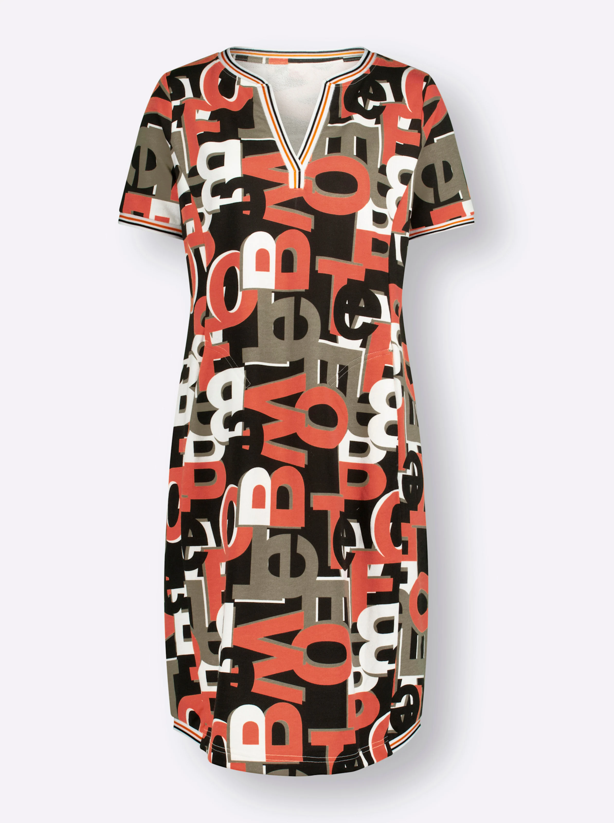 Sweatkleid in mandarine-schwarz-bedruckt