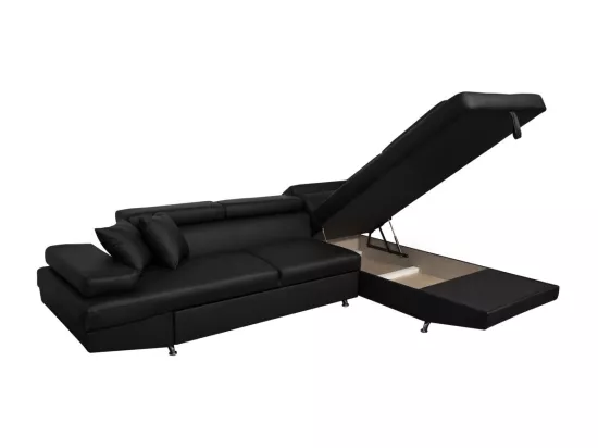 Canapé d'angle droit 5 places Rio Convertible avec coffre en simili - Noir - L271 x P192 x H70cm - Loungitude
