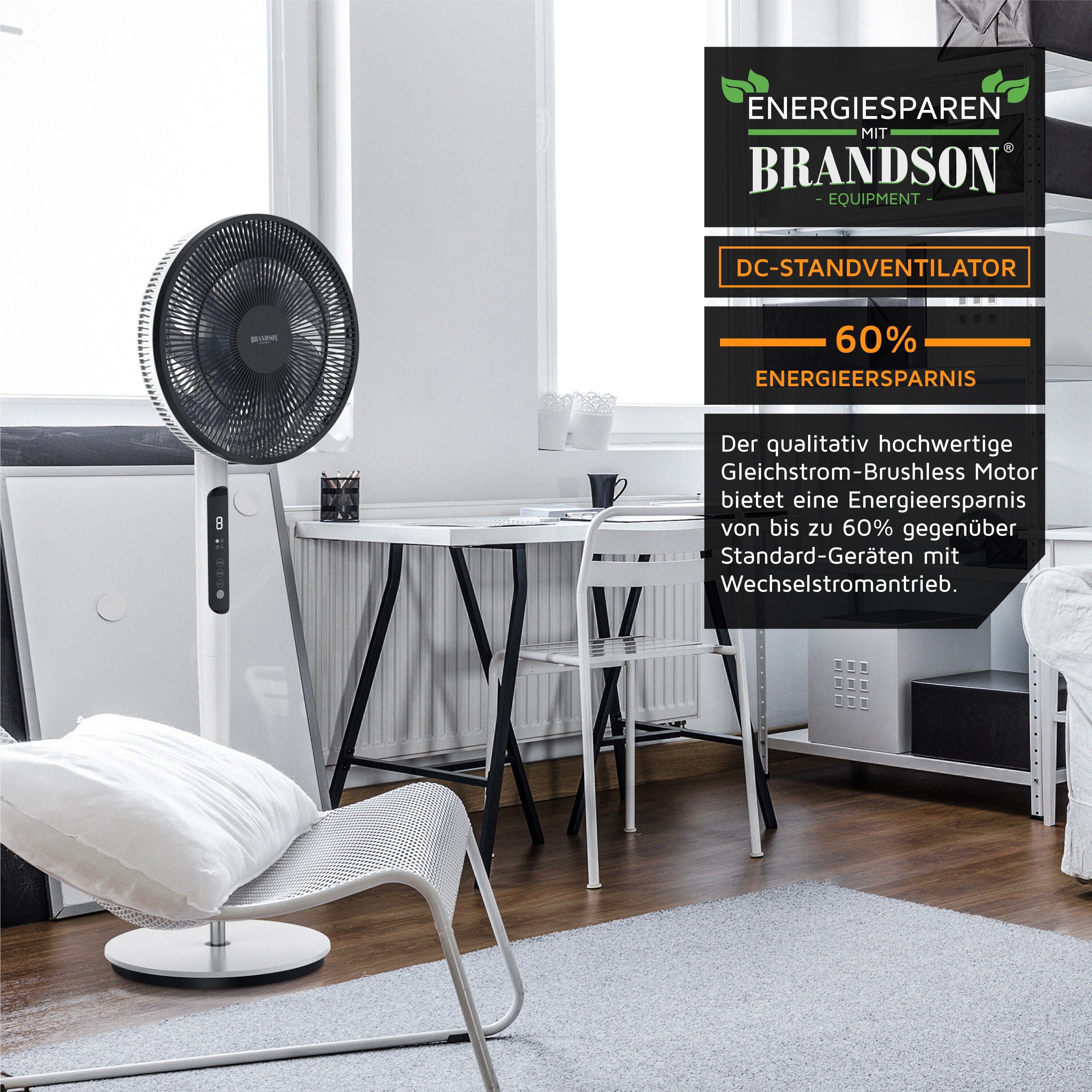 Brandson - DC Standventilator energiesparend ECO - Fernbedieung - Brushless Silent Motor -sehr leise - Oszilation 60° 90° 120° - Ventilator Timer