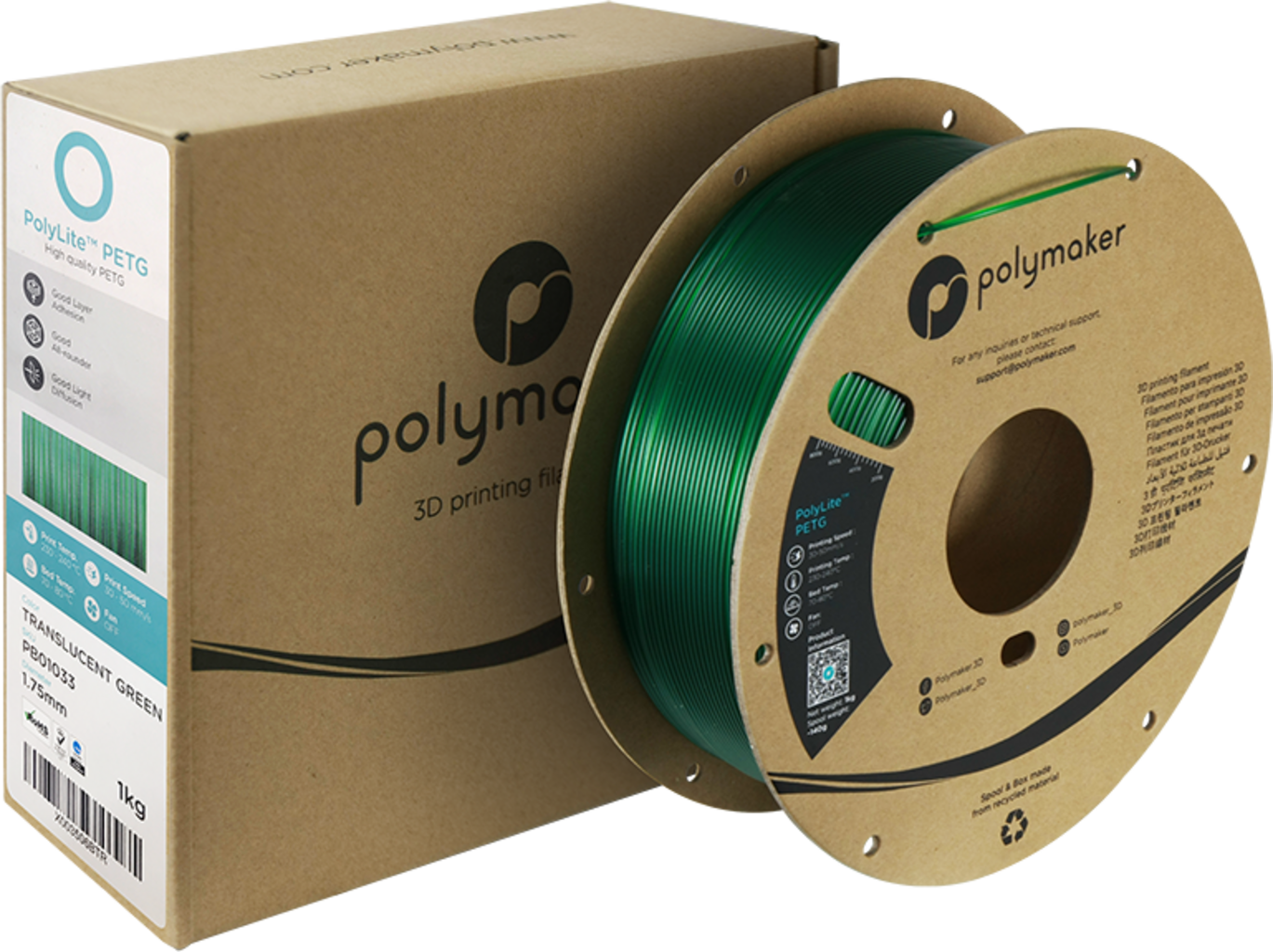 Polymaker  PolyLite PETG Translucent Green, 1,75 mm / 1000 g    Großartiges Allround-Filament für den täglichen Druck