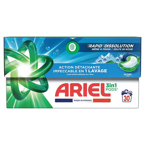Lessive capsules Ariel Pods 3 en 1 Alpine, boite de 30 doses
