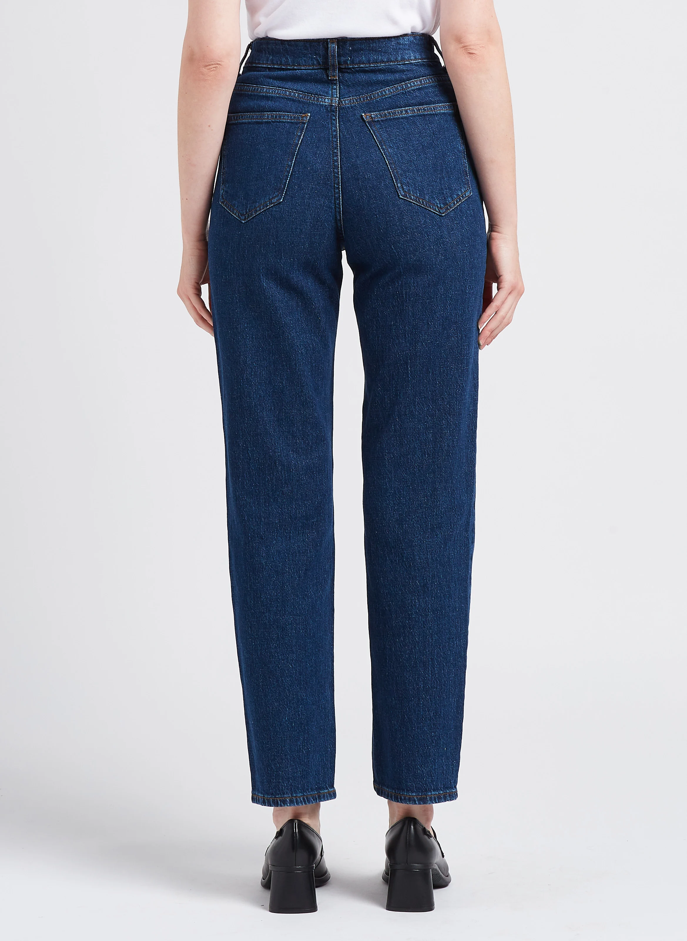 Jean droit à taille haute en coton délavé| Bleu