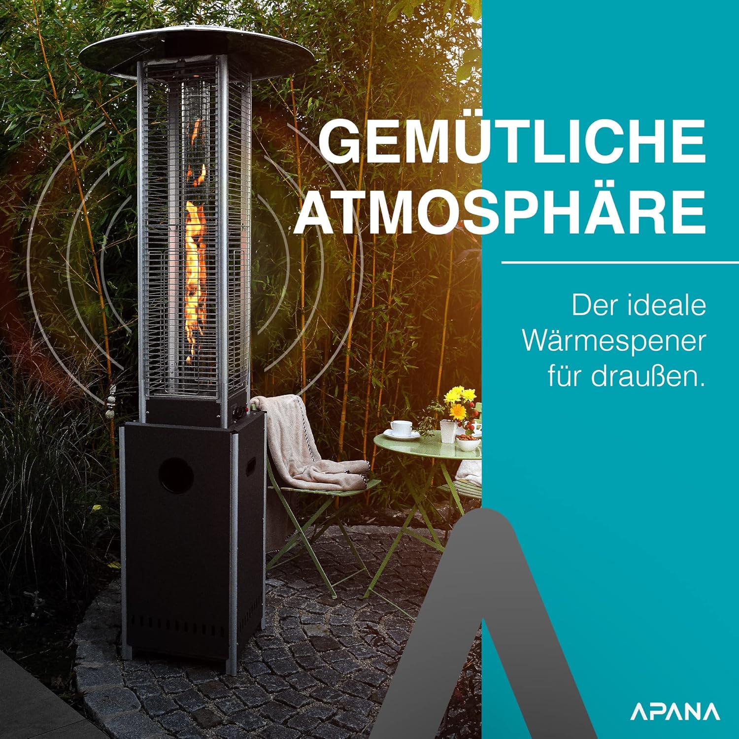 APANA Gasheizer 12,5kW Bellamente Cristal – Gas Heizpilz in Anthrazit mit Transportrollen – Terrassenheizer mit Umkippsicherung & Abschaltautomatik – Outdoor Heizstrahler für Garten & Balkon