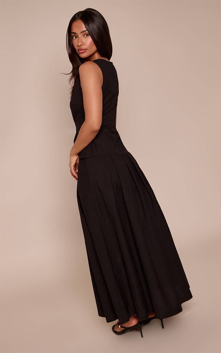 Noir Robe Maxi Taille Basse Boutonnée Effet Lin Petite