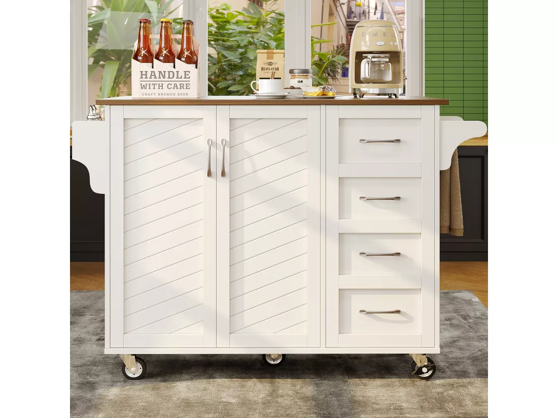 Ilot central de cuisine - chariot à roulette avec plateau extensible - 2 tiroirs et 2 portes - Blanc