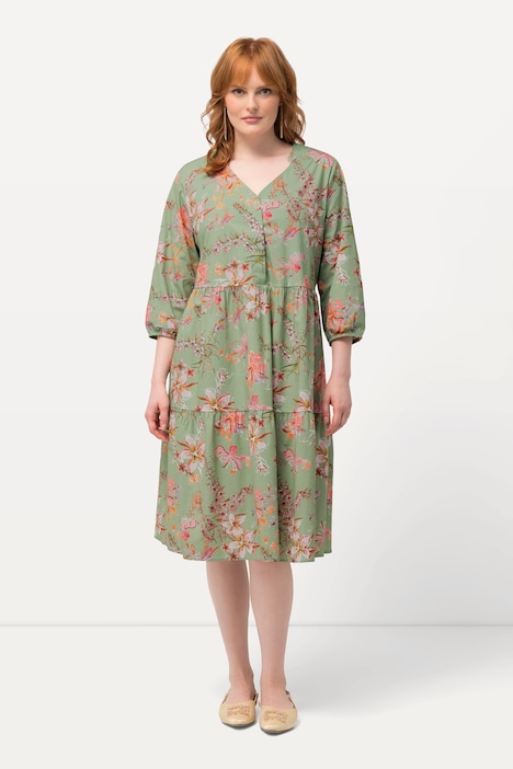 Tunikakleid, floraler Druck, V-Ausschnitt, 3/4-Arm