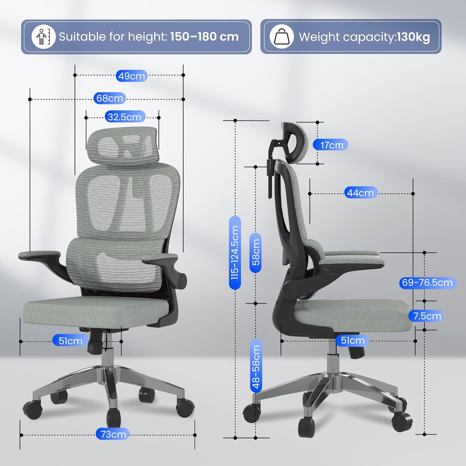 FLEXISPOT Ergonomischer Bürostuhl, Schreibtischstuhl mit 2D-Kopfstütze, Klappbare Armlehnen & Dynamische Lendenstütze, Stuhl mit 120° Wippfunktion für Homeoffice, Arbeitszimmer, Büro (Grau)