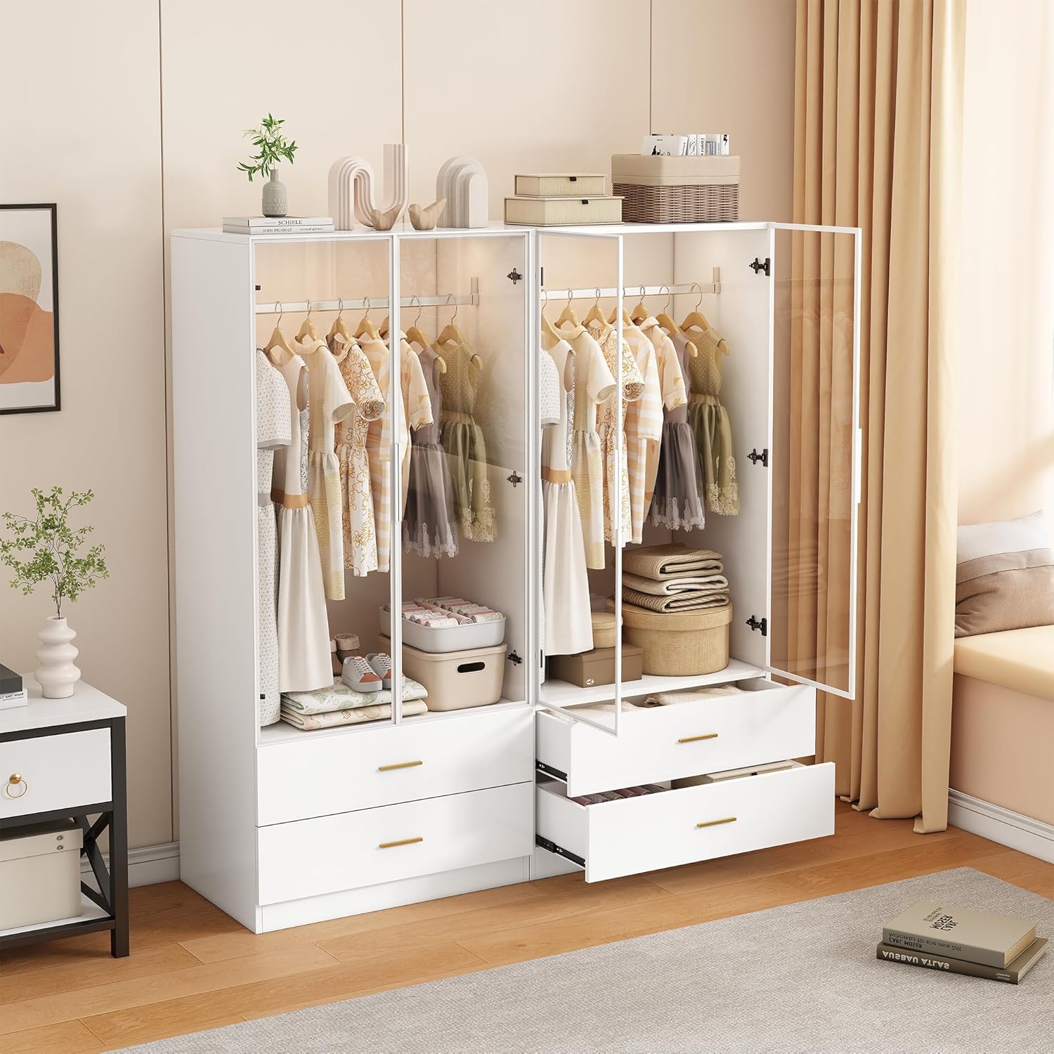 Kleiderschrank mit LED-Beleuchtung,Vielseitiger Drehtürenschrank mit 2 Türen aus gehärtetem Glas,Glasschrank mit Kleiderstange,Wardrobe closet mit 2 Schubladen,Schrank Mehrzweckschrank (Weiß-1)
