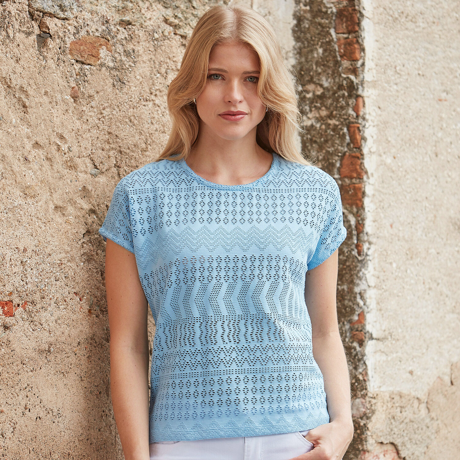 Damen Ajour T-Shirt mit Baumwollanteil