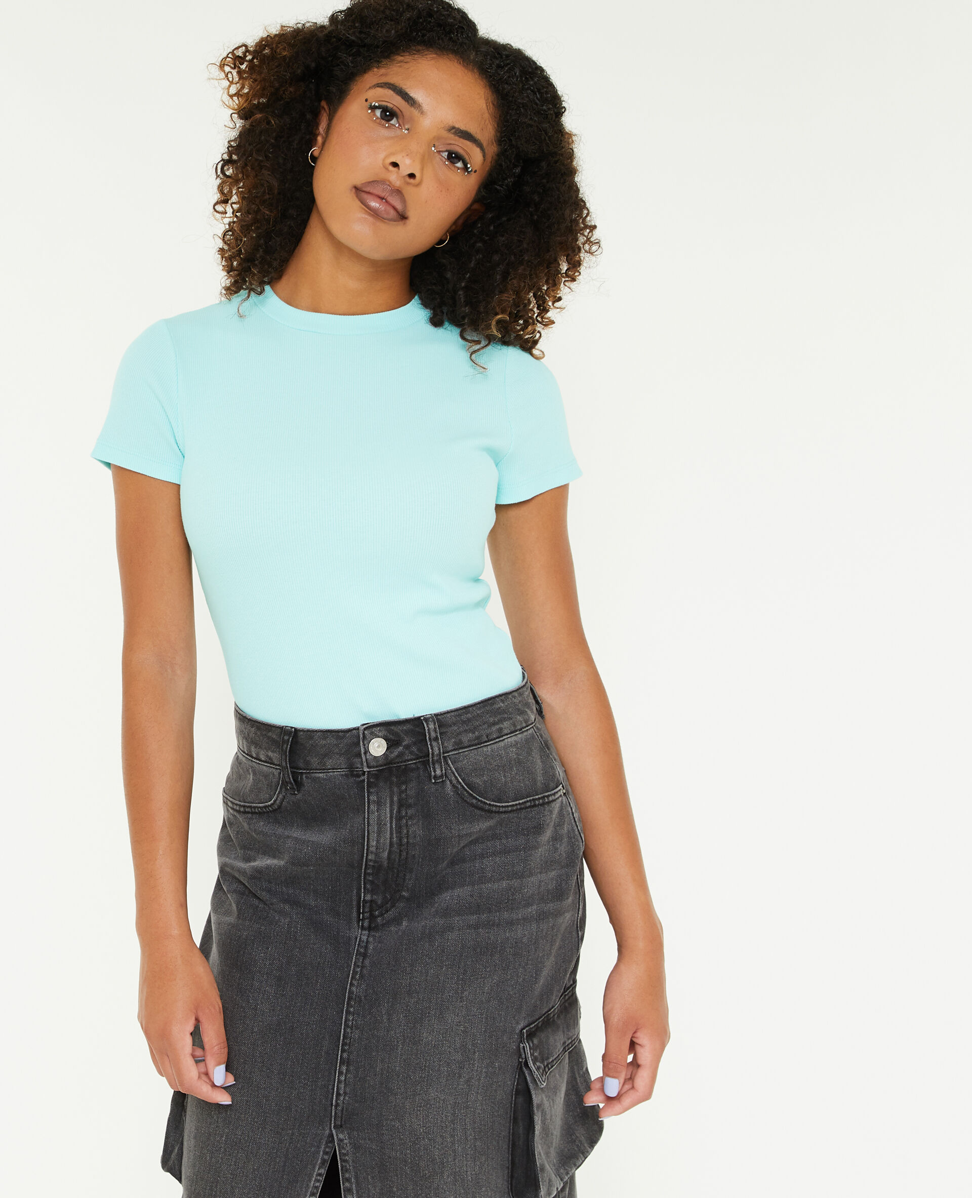 Top maille côtelée - Bleu turquoise