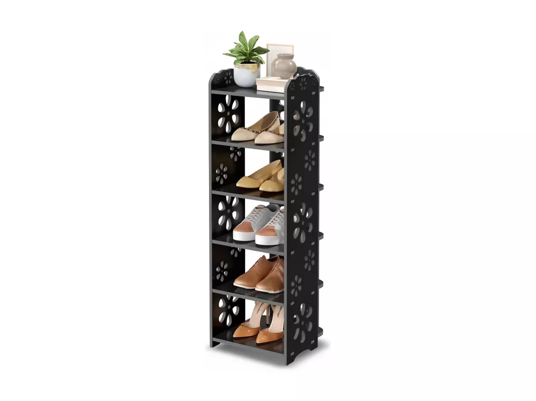 Meuble à Chaussures 6 Niveaux en Bois Plastique,Étagère de Rangement à Chaussures,Motif découpé,Déco 26x25x81CM,Noir
