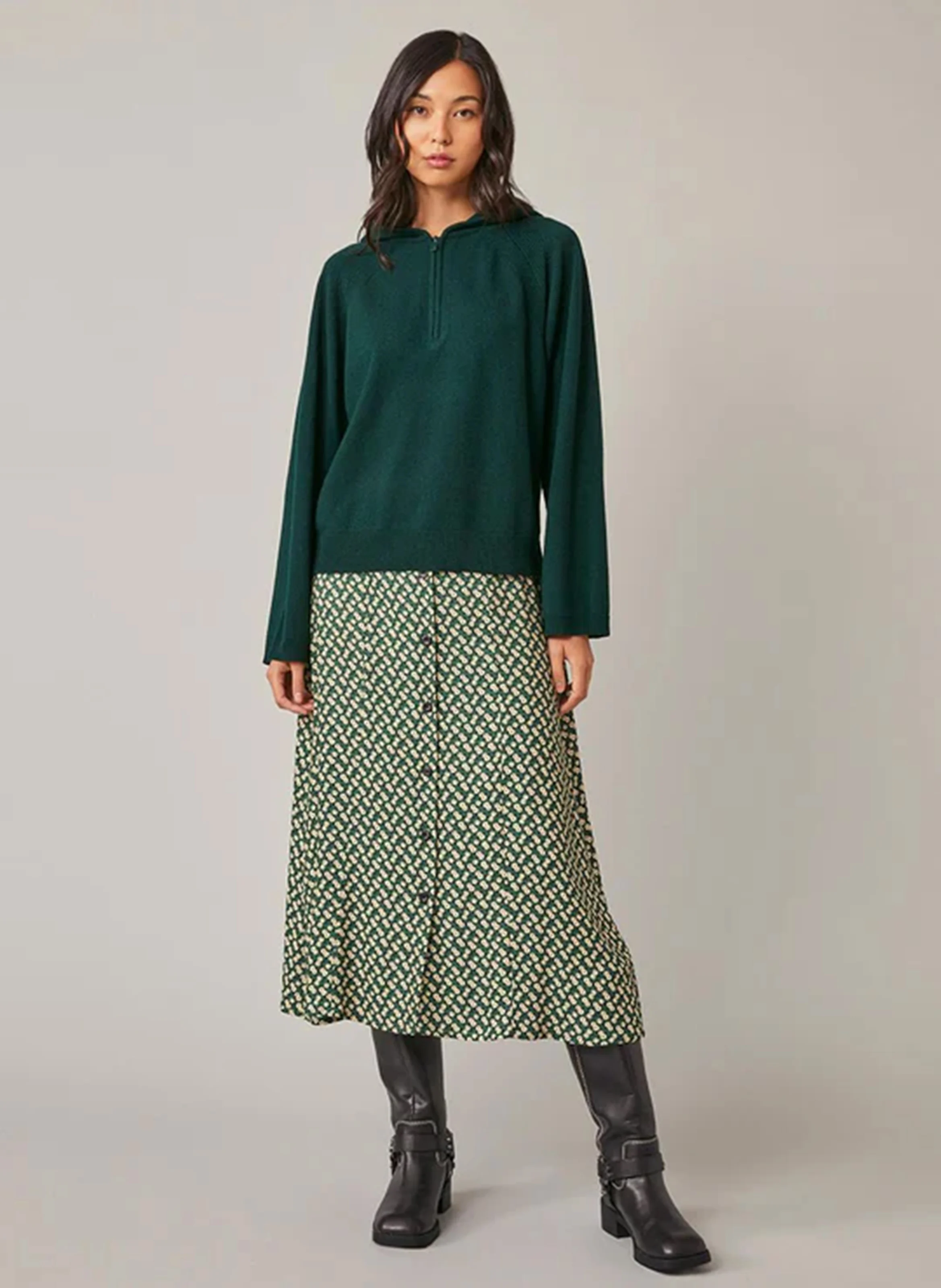 EMILE - Pull à capuche zippé en laine mérinos | Vert