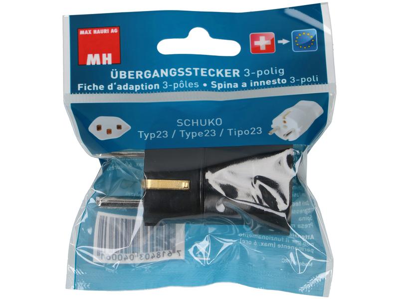 Max Hauri Reiseadapter Schuko – T23, Schwarz 3-poliger Übergangsstecker Schuko auf Typ 23 Kupplung