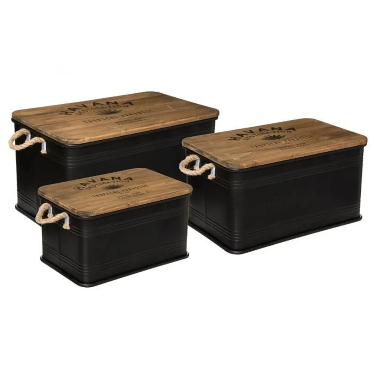 Pegane Lot de malles noir bois métal