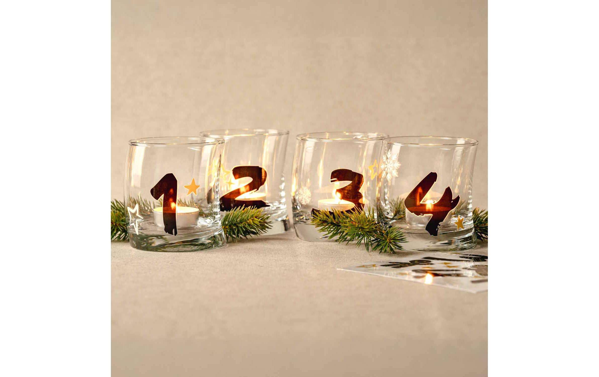 Tischlichter Advent 4 Stück, TransparentTischlichter, Sticker und Deko-Set