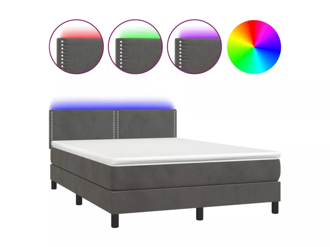 Sommier tapissier matelas et LED Gris foncé 140x190 cm Velours